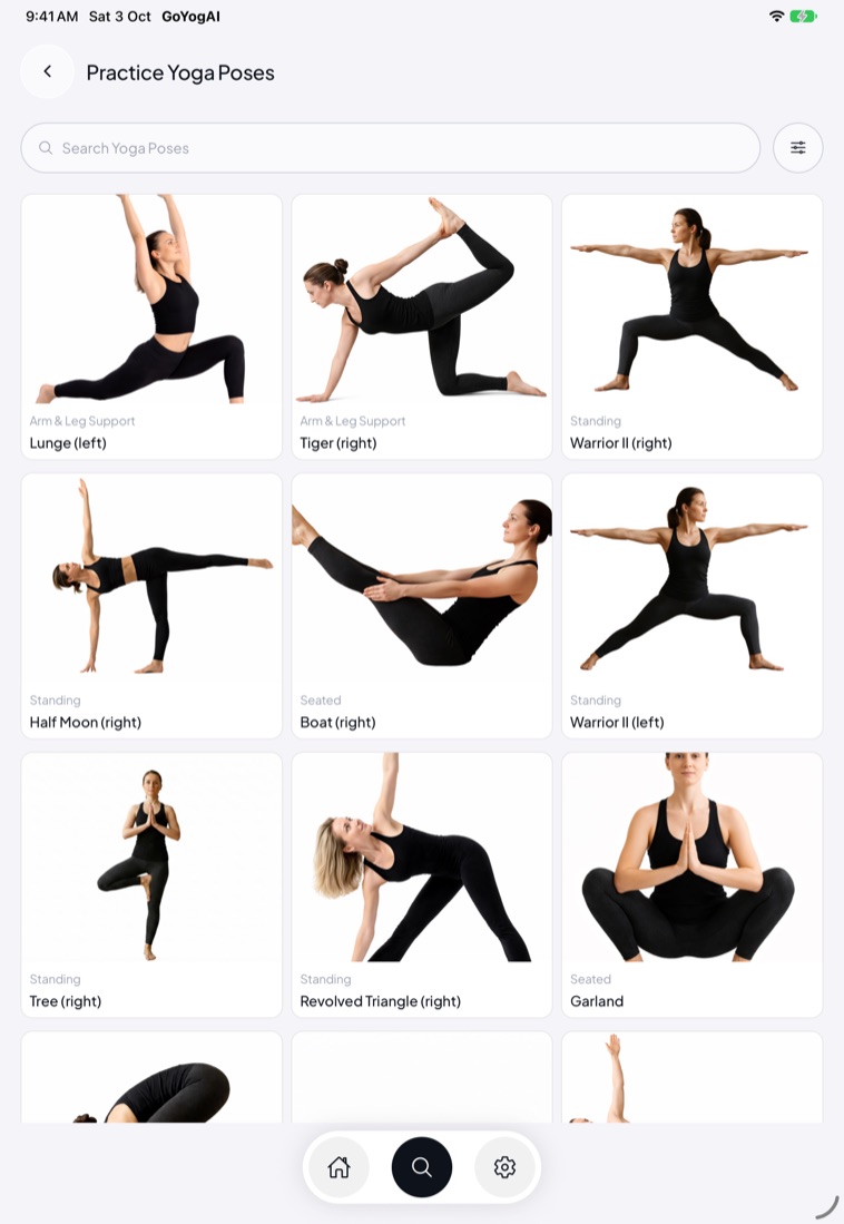 TaiChiAI on iPad: the pose library, three photos per row