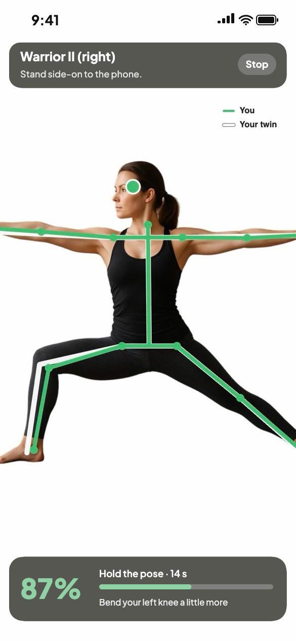 Practising a pose: your skeleton in green over your twin's in white, with a live score and what to adjust