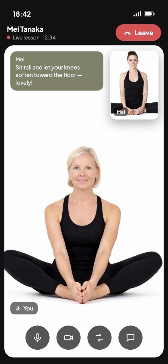 A live tai chi lesson inside the app: you and your instructor on video, in the same pose